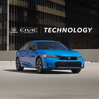 2027 Honda Civic Hatchback Sport Touring Hybrid in Boost Blue Pearl front parked on a rooftop parking lot(Compact Hatchback).